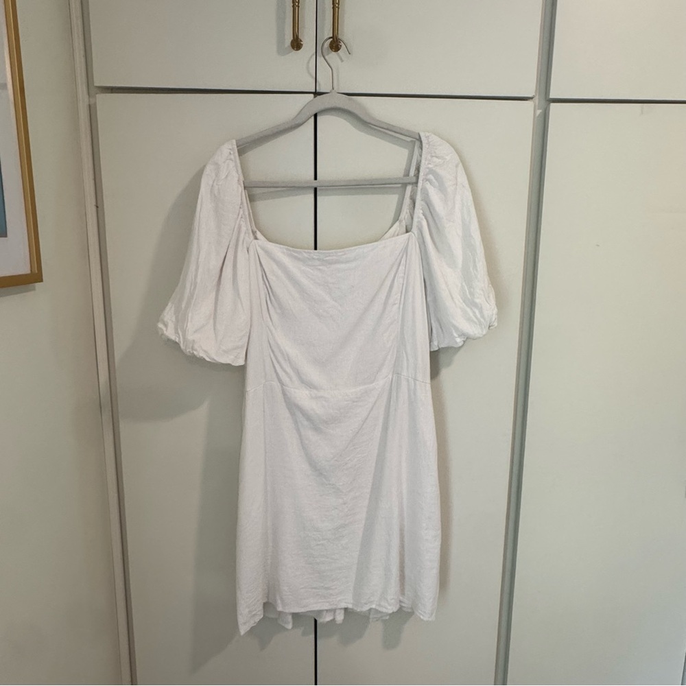 Abercrombie & Fitch White Linen Blend Puff-Sleeve Square-Neck Mini Dress XL